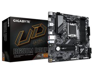 Gigabyte | B650M D3HP | Processor family AMD | Processor socket AM5 | DDR5 DIMM | Memory slots 1 | Supported hard disk drive interfaces SATA, M.2 | Number of SATA connectors 4 | Chipset AMD B650 | Micro ATX