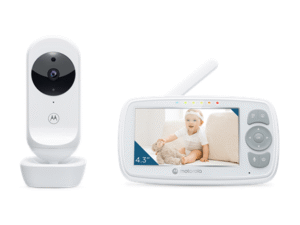 Motorola | Video Baby Monitor | VM34 4.3" | 4.3" diagonal color screen; Lullabies; Two-way talk; Room temperature monitoring; Infrared night vision; LED sound level indicator; 2.4GHz FHSS wireless technology for in-home viewing; Digital zoom; High sensitivity microphone; Rechargeable parent unit;Secure and private connection | White