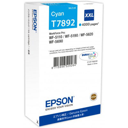 Epson T7892 - 34.2 ml - XXL-storlek - cyan - original - bl�ckpatron - f�r WorkForce Pro WF-5110DW, WF-5190DW, WF-5190DW BAM, WF-5620DWF, WF-5690DWF, WF-5690DWF BAM