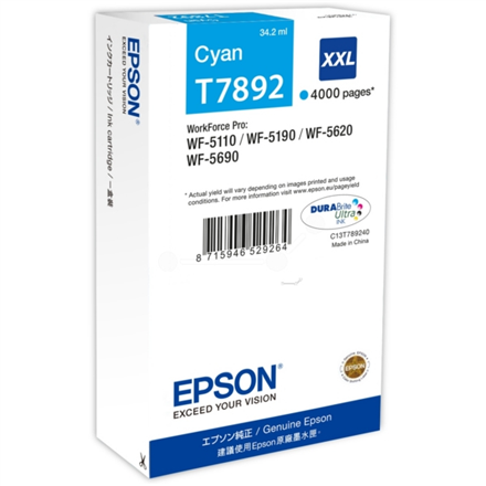 Epson T7892 - 34.2 ml - XXL-storlek - cyan - original - bl�ckpatron - f�r WorkForce Pro WF-5110DW, WF-5190DW, WF-5190DW BAM, WF-5620DWF, WF-5690DWF, WF-5690DWF BAM - Image 2