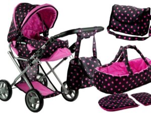 Doll Bogie and Stroller Alice- with Carrier, Bag and Bedding Black with Pink Dots