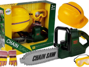Set of tools, saw with batteries, helmet, gloves and safety glasses