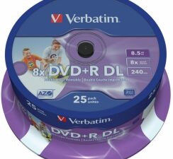 Verbatim Blank DVD+R DL  8.5GB Double Layer 8x AZO Wide Printable non ID 25 Pack Spindle