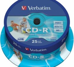 Matricas CD-R AZO Verbatim 700MB 1x-52x Wide Printable, ID Bran,25 Pack Spindle