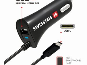 Swissten Premium Car charger 12 / 24V / 2.4A + non-detachable USB-C Data Cable 1m