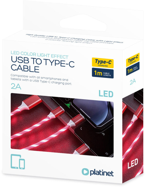 Platinet cable USB - USB-C LED 2A 1m, red (45741) - Image 3