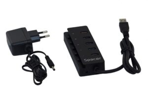 HUB extern SPACER, porturi USB: USB 3.0 x 4, Port USB Quick Charge x 1, conectare prin USB 3.0, Alimentare retea 220V,negru, "SPH-4USB30-1QC" (timbru verde 0.8 lei)