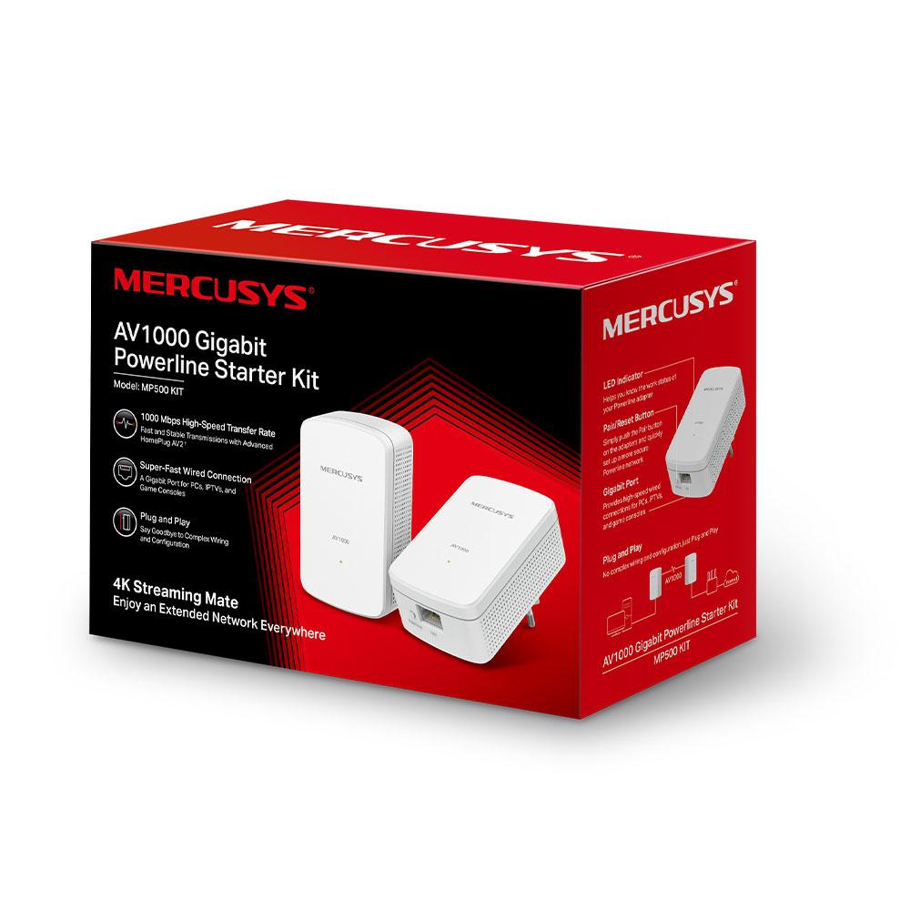 KIT ADAPTOR si AMPLIFICATOR POWERLINE MERCUSYS, tehnologie AV2, AV1000, pana la 1000 mBPS, RJ-45 x 1 porturi 10/100/1000 Mbps, 2 buc, "MP500 KIT" (timbru verde 2 lei)