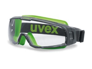 Safety goggles with perfect fit Uvex U-sonic, clear lens, supravision extreme (anfi scratch, anti fog) coating, grey/lime. Rubber strap. Impact class B.