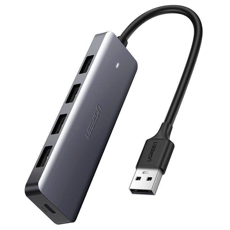 HUB extern Ugreen, "CM219" porturi USB: USB 3.0 x 4, conectare prin USB, material ABS, port micro USB 5V, lungime 15 cm, LED, gri, "50985" (timbru verde 0.8 lei) - 6957303859856