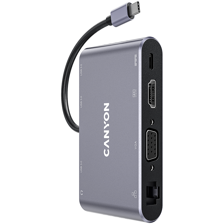 CANYON replikátor portů DS-14 8v1, 1xUSB-C PD 100W, 1xHDMI (4K), VGA, 3xUSB-A 3.0, RJ45 Gb, 3.5mm jack