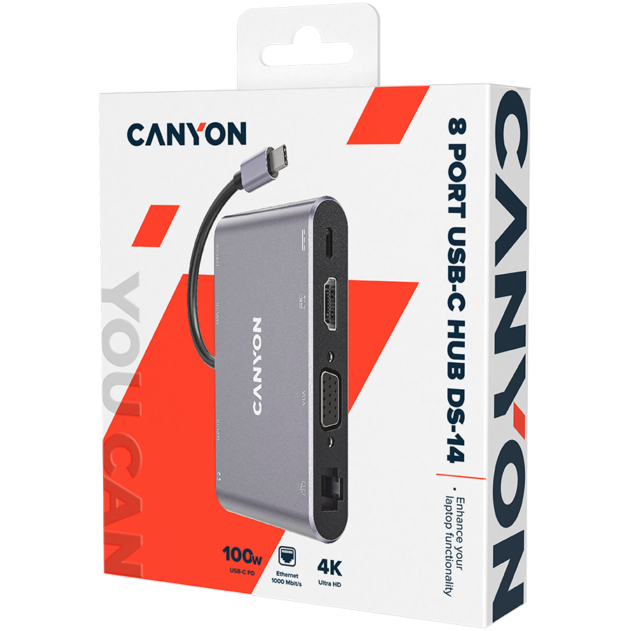 CANYON replikátor portů DS-14 8v1, 1xUSB-C PD 100W, 1xHDMI (4K), VGA, 3xUSB-A 3.0, RJ45 Gb, 3.5mm jack - Image 2