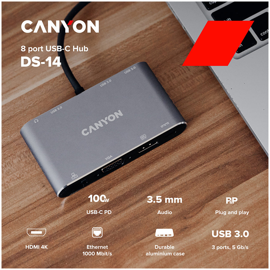 CANYON replikátor portů DS-14 8v1, 1xUSB-C PD 100W, 1xHDMI (4K), VGA, 3xUSB-A 3.0, RJ45 Gb, 3.5mm jack - Image 3