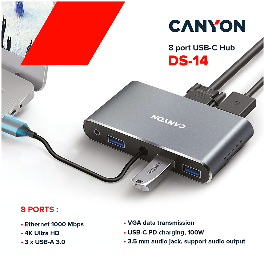CANYON replikátor portů DS-14 8v1, 1xUSB-C PD 100W, 1xHDMI (4K), VGA, 3xUSB-A 3.0, RJ45 Gb, 3.5mm jack - Image 4