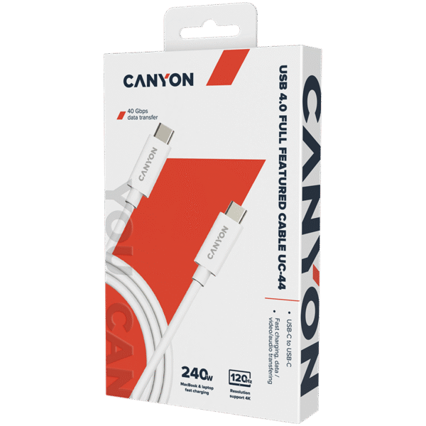 CANYON UC-44, cable, U4-CC-5A1M-E, USB4 TYPE-C to TYPE-C cable assembly 40G 1m 5A 240W(ERP) with E-MARK, CE, ROHS, white - Image 2