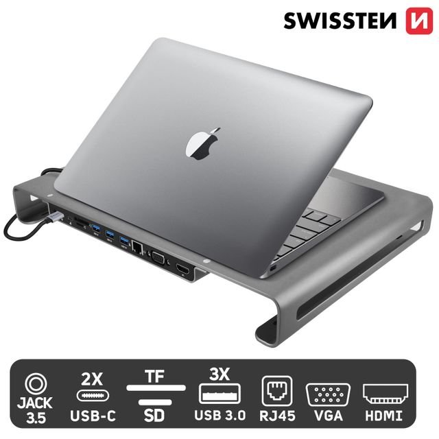 Swissten Multifunctional USB-C Laptop Docking Station / HDMI / USB 3.0 / 2x USB-C / RJ45 / SD / Micro SD / VGA / Audio - Image 8