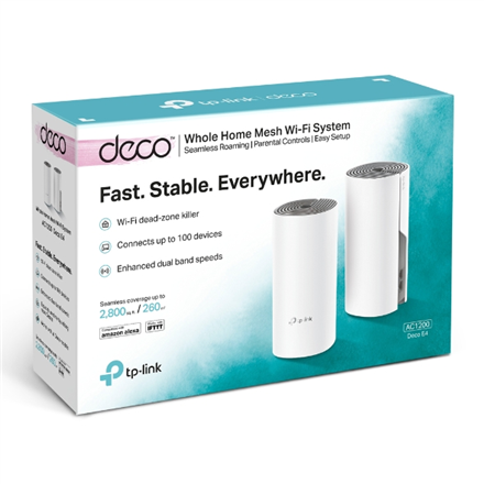 TP-LINK Deco E4(2-Pack) AC1200 Whole-Home Mesh Wi-Fi System, Qualcomm CPU, 867Mbps at 5GHz+300Mbps at 2.4GHz, 2 10/100Mb