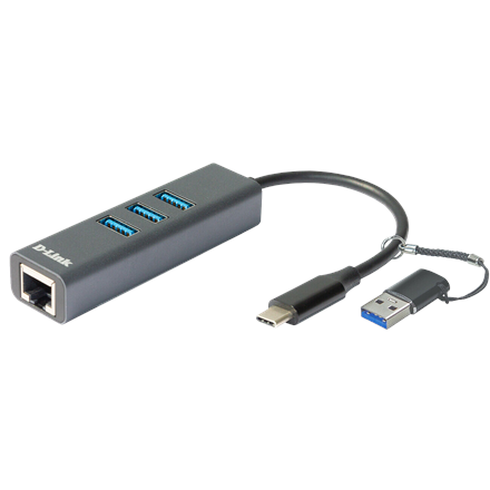 ADAPTOR RETEA D-LINK, extern, USB-C, port RJ-45 Gigabit, 3 x USB SuperSpeed 3.0 port, adaptor USB-A inclus "DUB-2332" (timbru verde 0.18 lei)