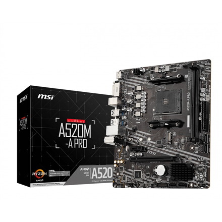 Motherboard for AMD processors MSI Mainboard||AMD A520|SAM4|MicroATX|1xPCI-Express 3.0 1x|1xPCI-Express 3.0 16x|1xM.2|Memory DDR4|Memory slots 2|1xDVI|1xHDMI|2xAudio-Out|2xUSB 2.0|4xUSB 3.2|1xRJ45|A520M-APRO
