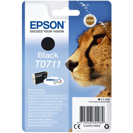 Epson T0711 - 7 ml - svart - original - bl�ckpatron - f�r Stylus DX9400, SX115, SX210, SX215, SX218, SX415, SX515, SX610, Stylus Office BX310, BX610