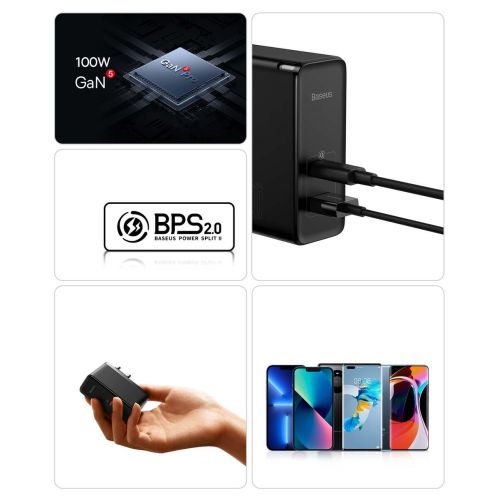 Baseus GaN5 Pro USB-C + USB wall charger, 100W + 1m cable (white) - Image 18