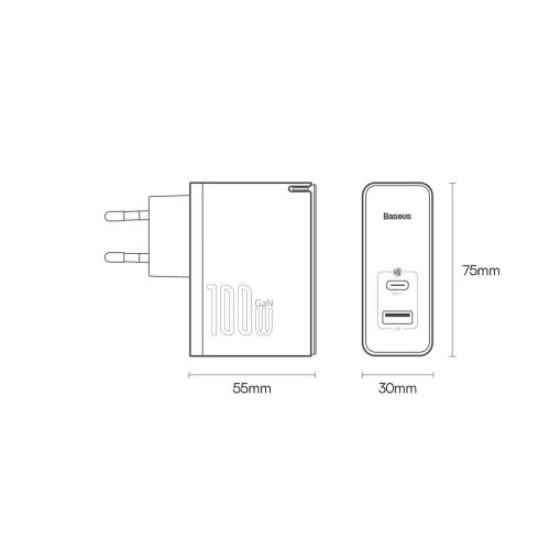 Baseus GaN5 Pro USB-C + USB wall charger, 100W + 1m cable (white) - Image 22
