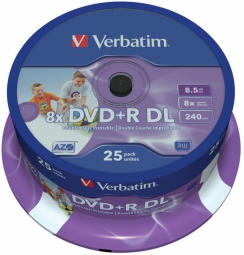 Verbatim Blank DVD+R DL 8.5GB Double Layer 8x AZO Wide Printable non ID 25 Pack Spindle