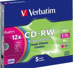 CD-RW VERBATIM  700MB, 80min, viteza 8-12x,   5 buc, carcasa, "Colour 12x" "43167/261910"