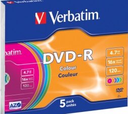 Verbatim Blank DVD-R AZO  4.7GB 16x Colour, 5 Pack Slim