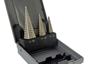 Tivoly Conical HSS Step Drill Bit Set – 3-Piece Ø4–30 mm, Straight Flutes, Auto-Centring, Tri-Flat Shank