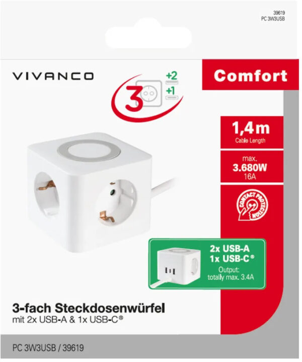 Vivanco Power Cube 3-Way USB-A/C 1.4m (39619) - Image 3