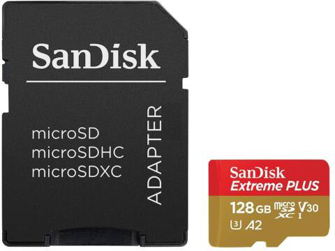 SanDisk Extreme PLUS - Pam�ov� karta flash (adapt�r microSDXC na SD zahrnuto) - 128 GB - A2 / Video Class V30 / UHS-I U3 / Class10 - microSDXC UHS-I