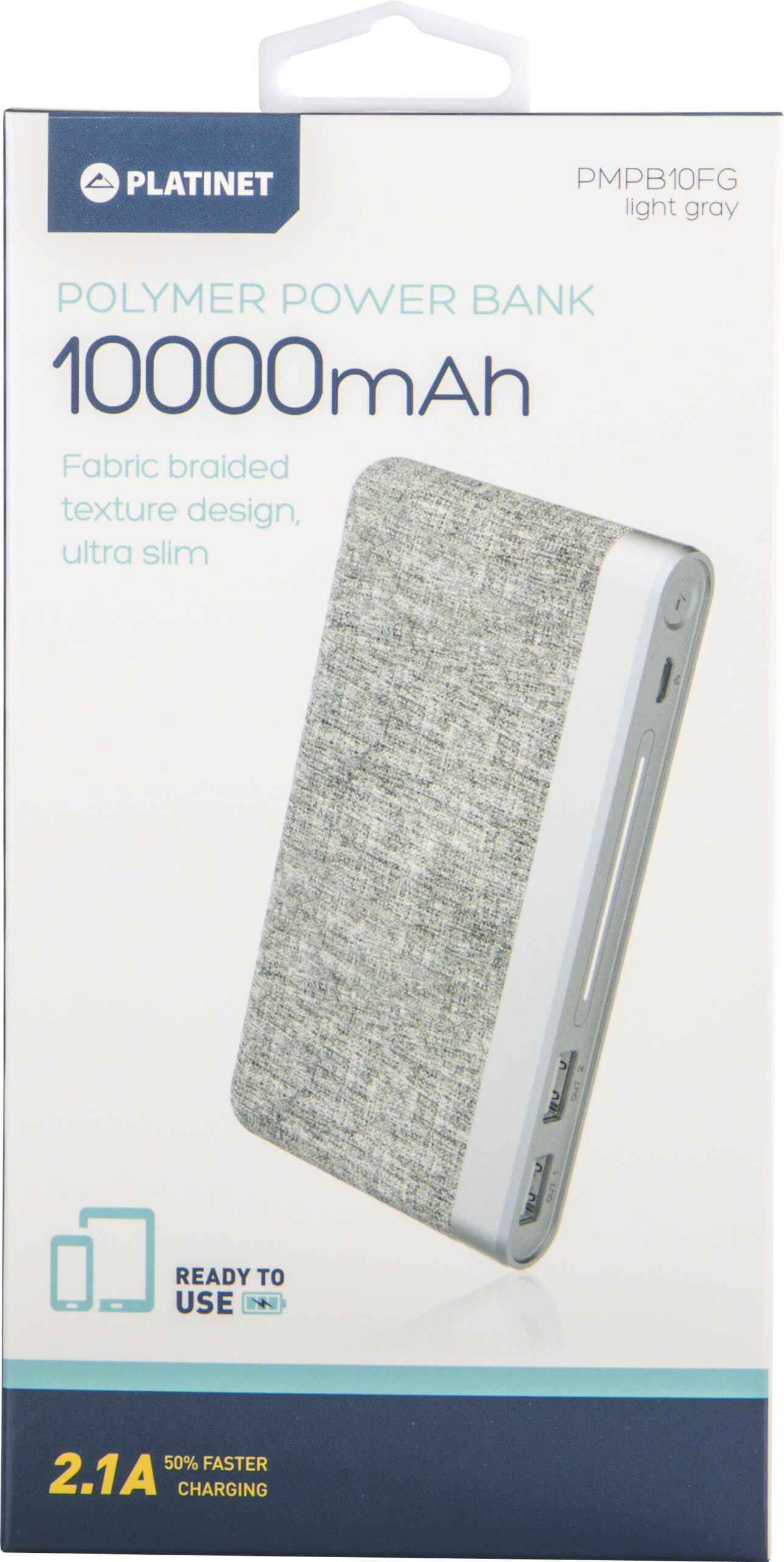 Platinet power bank 10000mAh Fabric Braided LiPo 2.1A, light grey (44243)