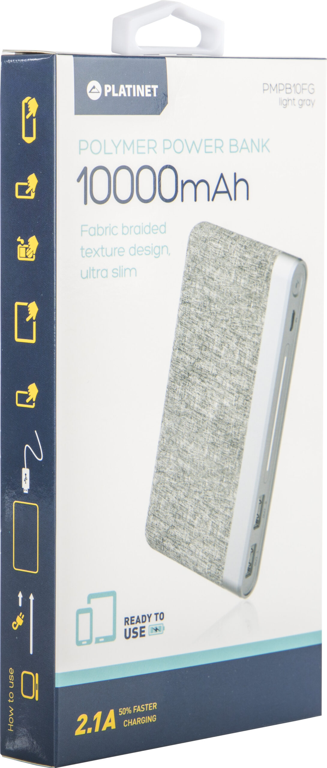 Platinet power bank 10000mAh Fabric Braided LiPo 2.1A, light grey (44243) - Image 2
