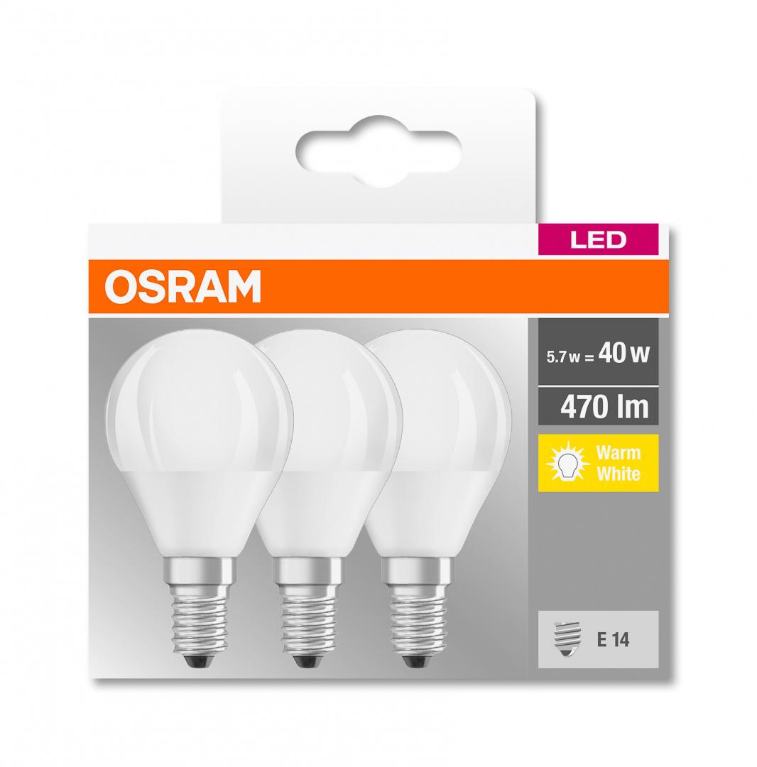 SET 3 becuri LED Osram, soclu E14, putere 5.7W, forma clasic, lumina alb calda, alimentare 220 - 240 V, "000004058075090507" (timbru verde 1.35 lei)