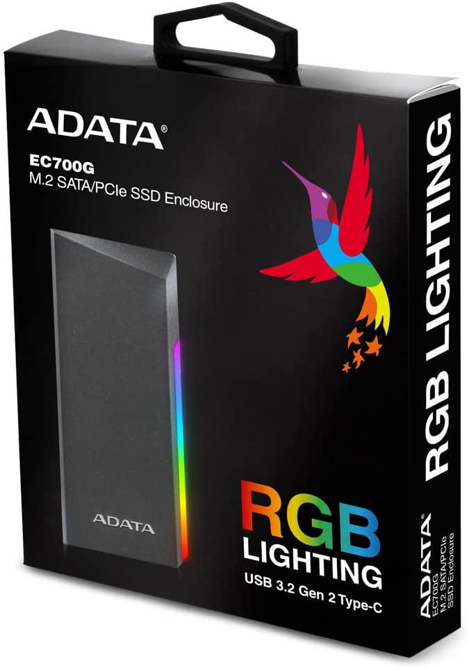 RACK extern ADATA, pt. SSD, M.2 S-ATA NGFF si M.2 PCIe NVME, interfata PC USB 3.2 Gen2, gri metalizat, RGB, "AEC700GU32G2-CGY" (timbru verde 0.8 lei)