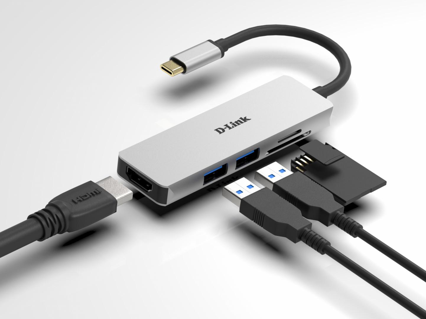 HUB extern D-LINK, porturi SD/microSD Dual Card Reader x 1, USB 3.0 x 2, HDMI x 1, conectare prin USB Type C, cablu 11.5 cm, argintiu "DUB-M530" (timbru verde 0.8 lei)