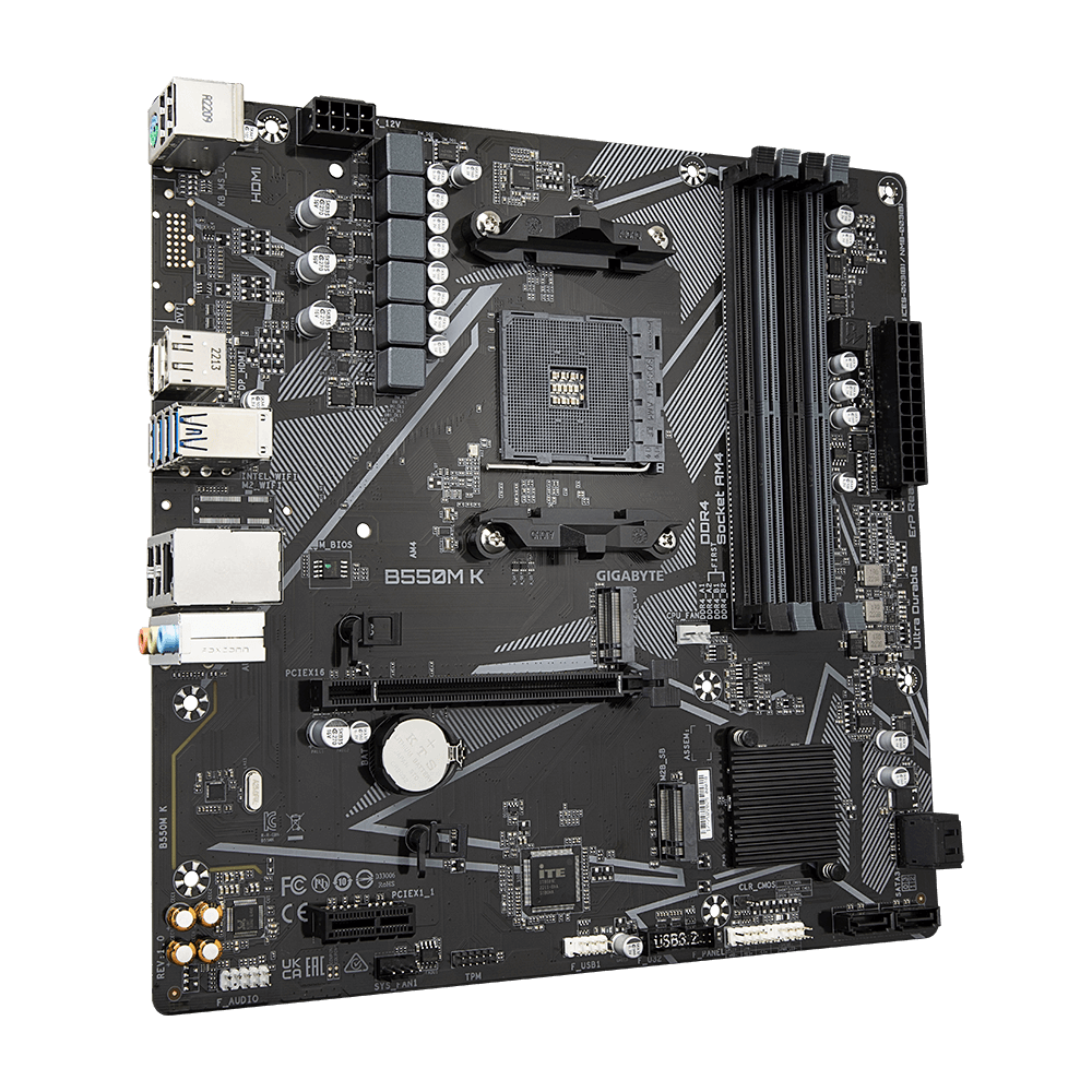 Mainboard|GIGABYTE|AMD B550|SAM4|Micro-ATX|Memory DDR4|Memory slots 4|1xPCI-Express 3.0 1x|1xPCI-Express 4.0 16x|2xM.2|1xHDMI|1xDisplayPort|2xAudio-In|1xAudio-Out|4xUSB 2.0|4xUSB 3.2|1xPS/2|1xRJ45|B550MK