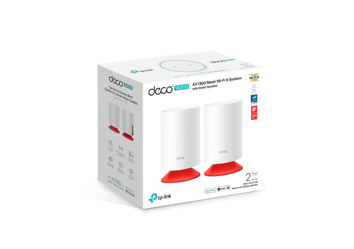 MESH TP-LINK, wireless, router AX1800, pt interior,difuzor incorporat,1800 Mbps, port LAN, WAN, 2.4 GHz 5 GHz, antena internax4, standard 802.11ax, "Deco Voice X20(2-pack)" (timbru verde 2.00 lei)