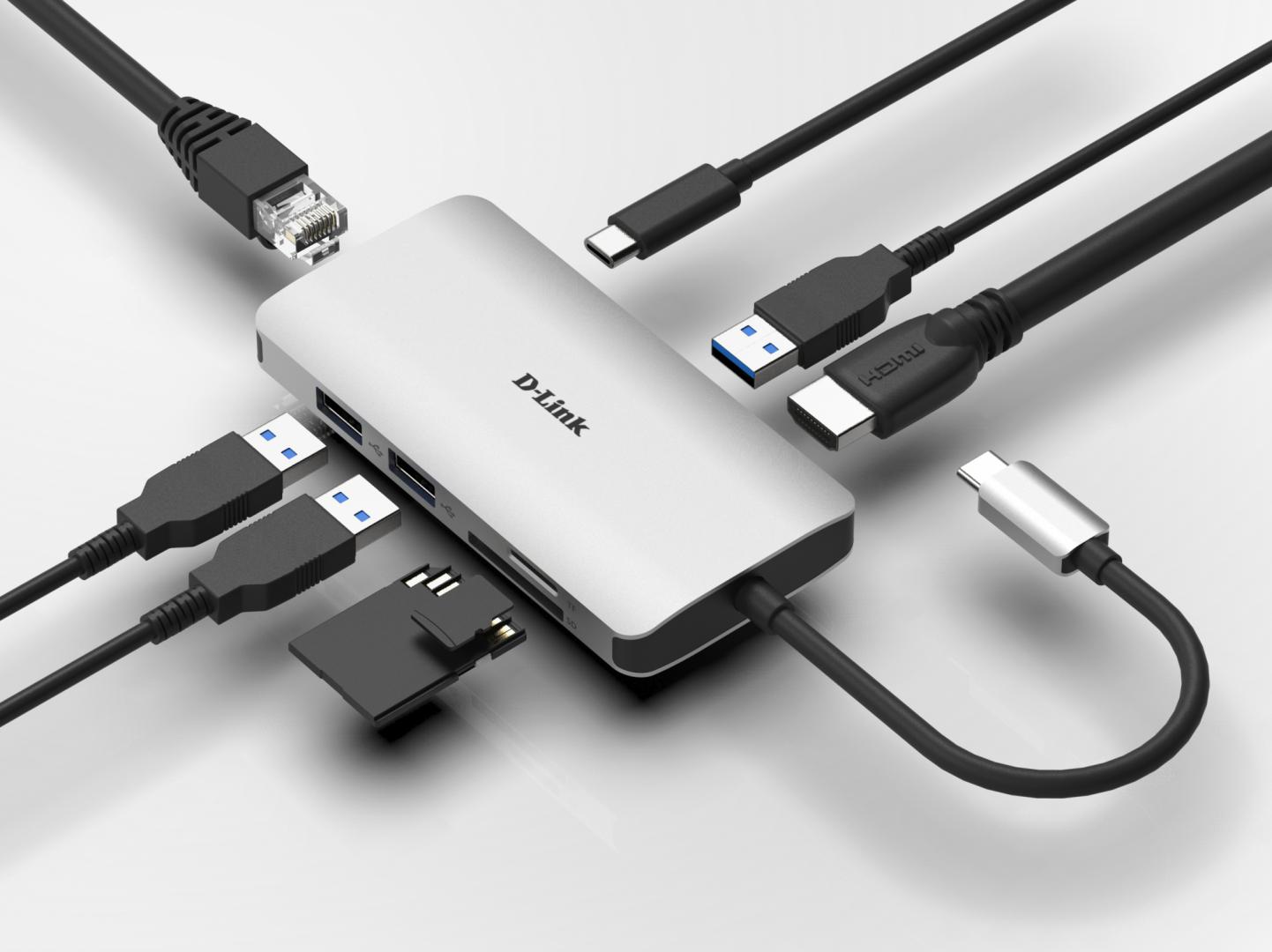 HUB extern D-LINK, porturi Gigabit LAN x 1, SD/microSD Dual Card Reader x 1, USB 3.0 x 3, HDMI x 1, USB Type C x 1, conectare prin USB Type C, cablu 15 cm, argintiu "DUB-M810" (timbru verde 0.8 lei)