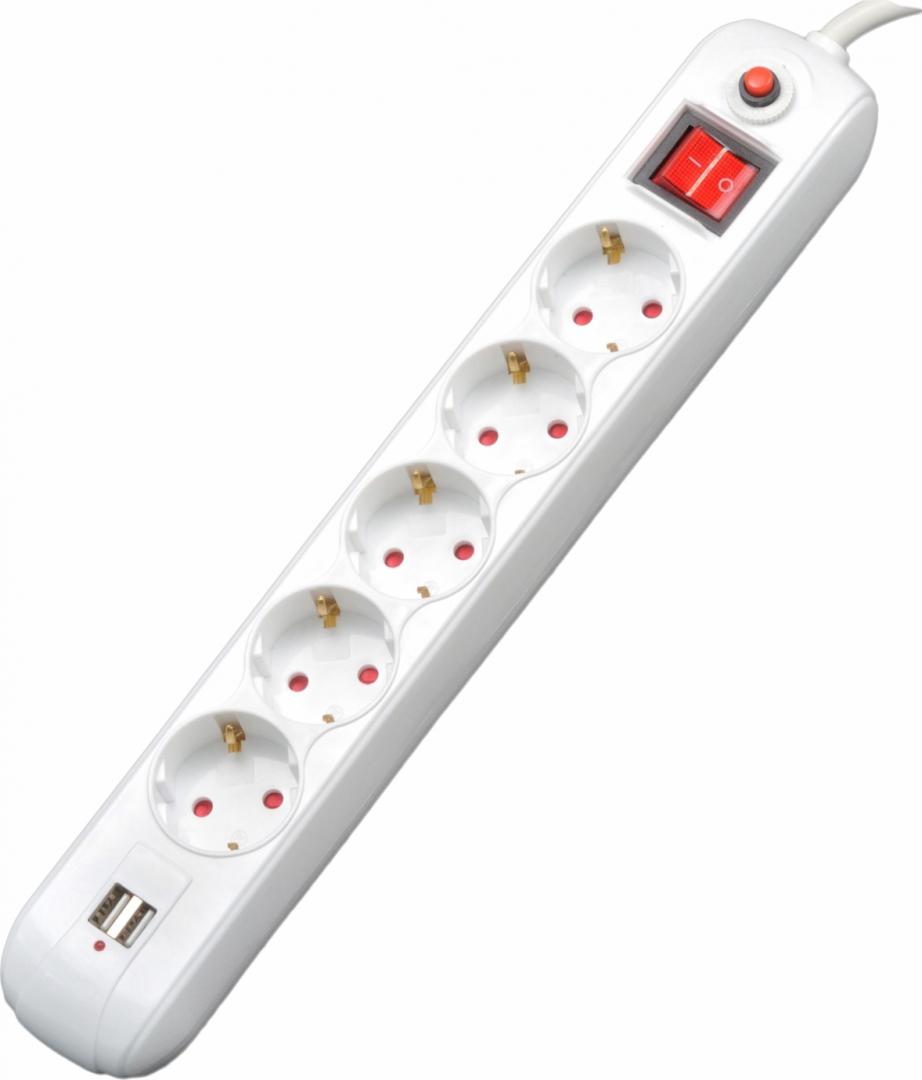 PRELUNGITOR SPACER, Schuko x 5, conectare prin Schuko (T), USB x 2, cablu 1.8 m, 16 A, max. 3500W, protectie supratensiune, alb, 45506867 "PP-5-18 USB" (timbru verde 0.18 lei)
