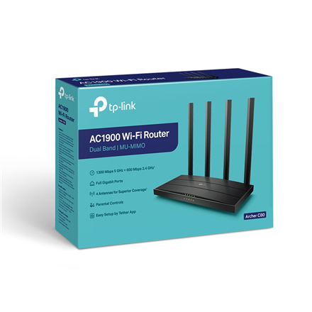 ROUTER TP-LINK wireless 1900Mbps, MU-MIMO, 4 porturi Gigabit, 4 antene externe, Dual Band 2.4 GHz+5 GHz AC1900 "Archer C80" (timbru verde 0.8 lei)