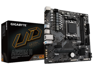 Motherboard for Intel processors Gigabyte A620M H 1.0 M/B Processor family AMD, Processor socket AM5, DDR5 DIMM, Memory slots 2, Supported hard disk drive interfaces SATA, M.2, Number of SATA connectors 4, Chipset AMD A620, Micro ATX