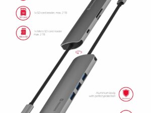 Swissten USB-C Hub 6in1 with 3X USB 3.0 / 1X USB-C Power Delivery / 1X microSD / 1X SD / Aluminum body