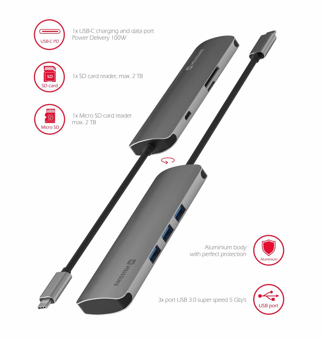 Swissten USB-C Hub 6in1 with 3X USB 3.0 / 1X USB-C Power Delivery / 1X microSD / 1X SD / Aluminum body