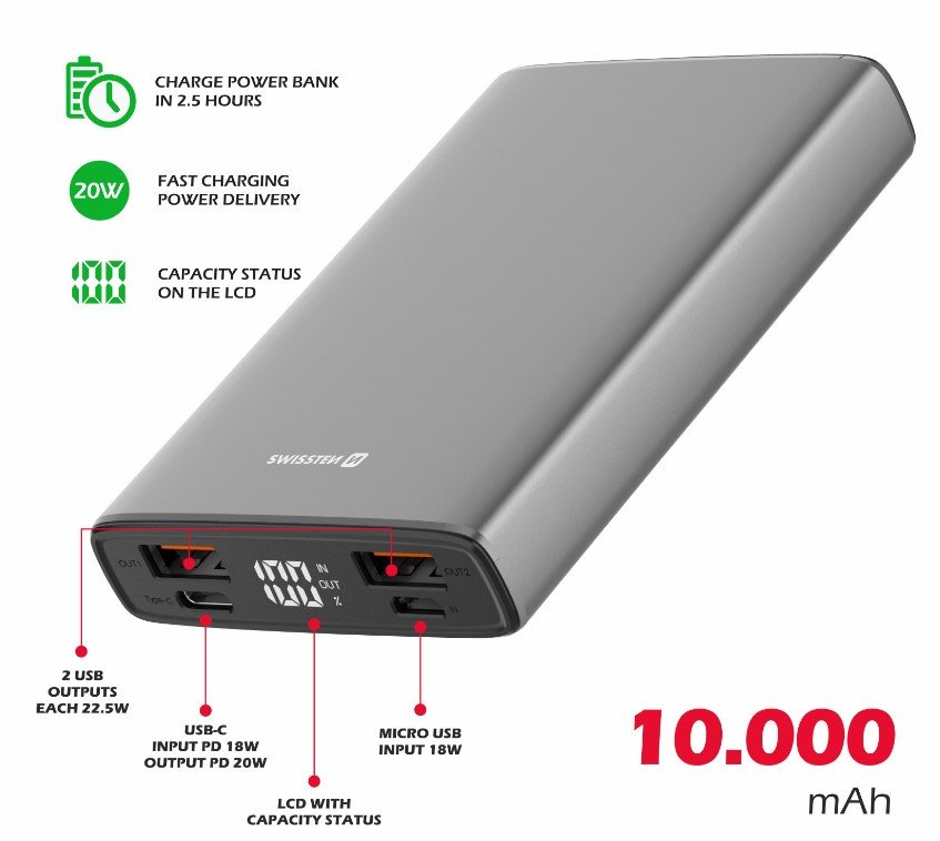 Akupank Swissten 2xUSB-USB-C-Micro USB 20W 10000mAh - Image 3