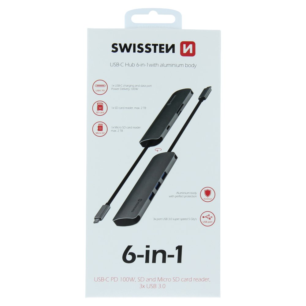 Swissten USB-C Hub 6in1 with 3X USB 3.0 / 1X USB-C Power Delivery / 1X microSD / 1X SD / Aluminum body - Image 6