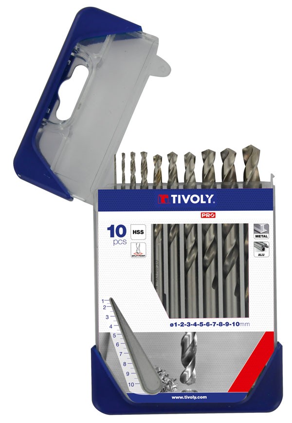 Tivoly Metal Drill Bit Set – 10-Piece Ø 1–10 mm, Split Point, 30° N-Flute, HSS, Cylindrical Shank