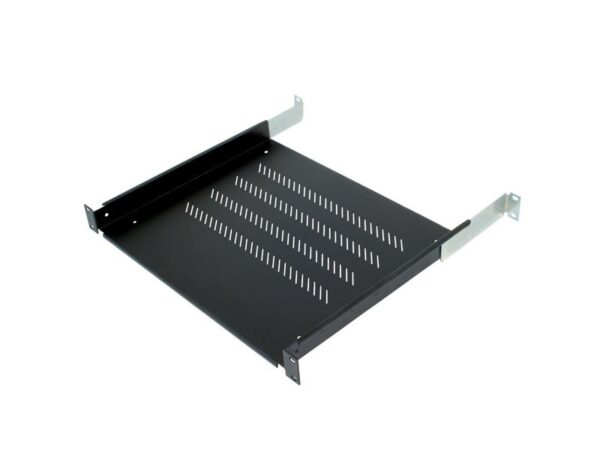 19'' police s perforac� 1U/650mm, max. nosnost 80kg, integrovan� podp�ry �ern� RAL9005