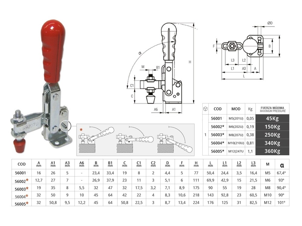 Quick vertical toggle clamp M10, 42mm, max 3400N